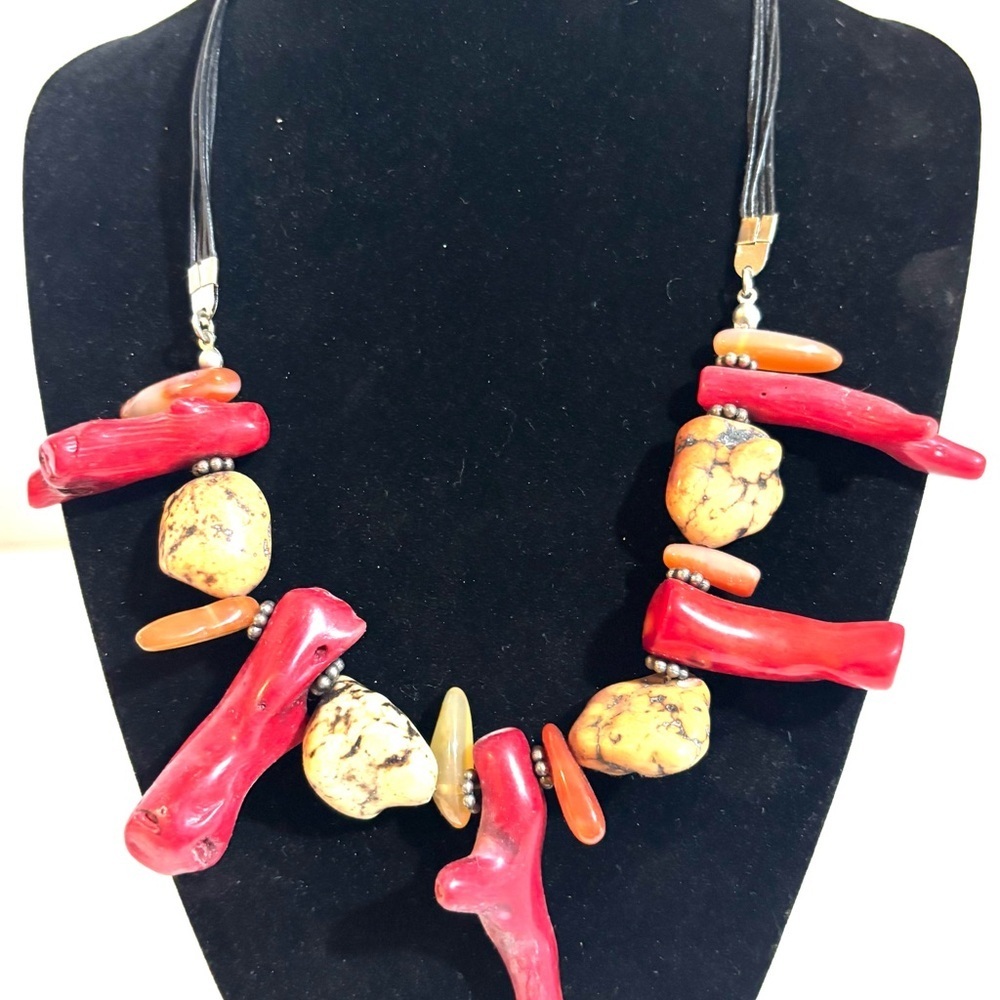 Handcrafted Red Coral & beige Stone Statement Necklace adjustable